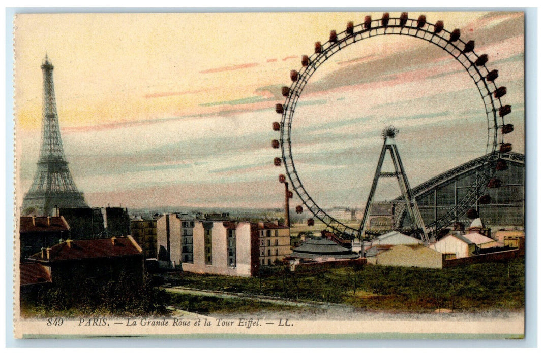 c1910 The Ferris Wheel And The Eiffel Tower Paris France Antique Postcard