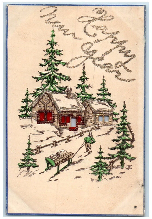 1907 New Year House Winter Pine Trees Hold To Light Montreal Canada Postcard