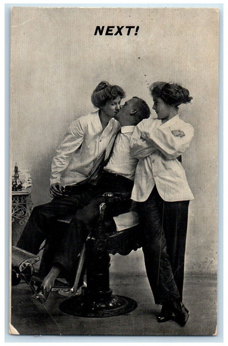 c1910's Couple Kissing Romance Next Barber Shop Unposted Antique Postcard