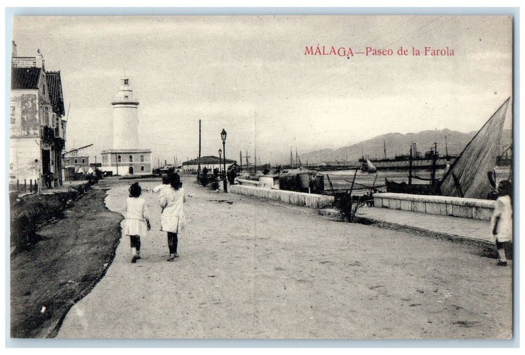 c1910 Tall Tower Road View Lamppost Walk Malaga Spain Antique Postcard