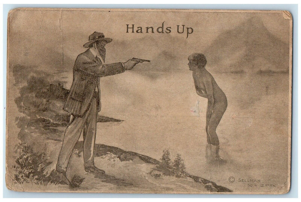 c1905 September Morn Robber Hold Up Nude Woman Humor Posted Antique Postcard