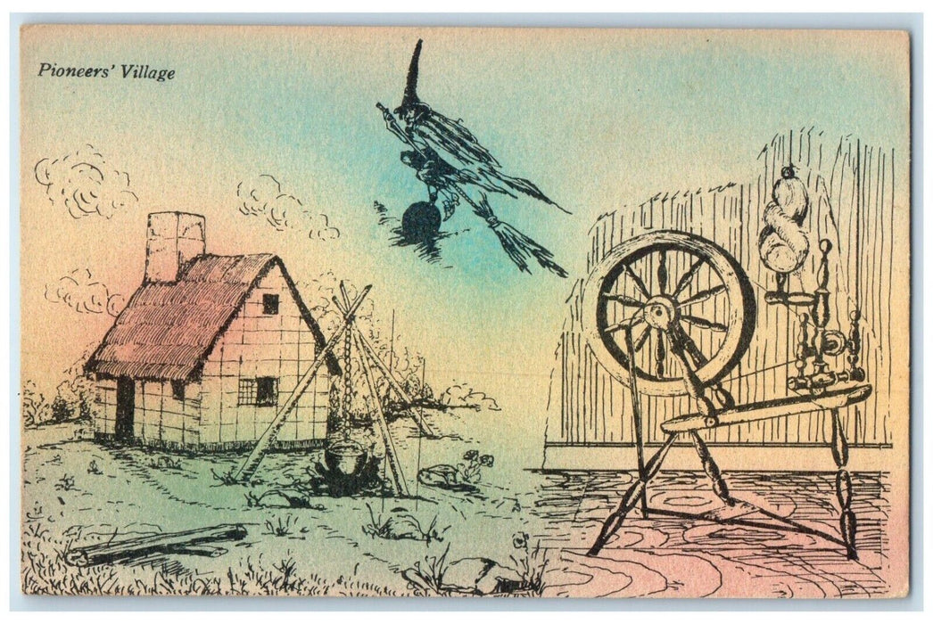 c1930's Halloween Witch Pioneers Village Spinning Wheel Cambridge MA Postcard