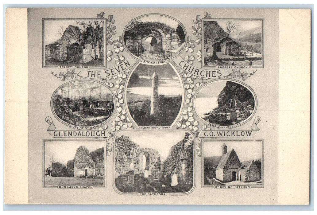 c1910 Glendalough Co. Wicklow Ireland The Seven Churches Multiview Postcard