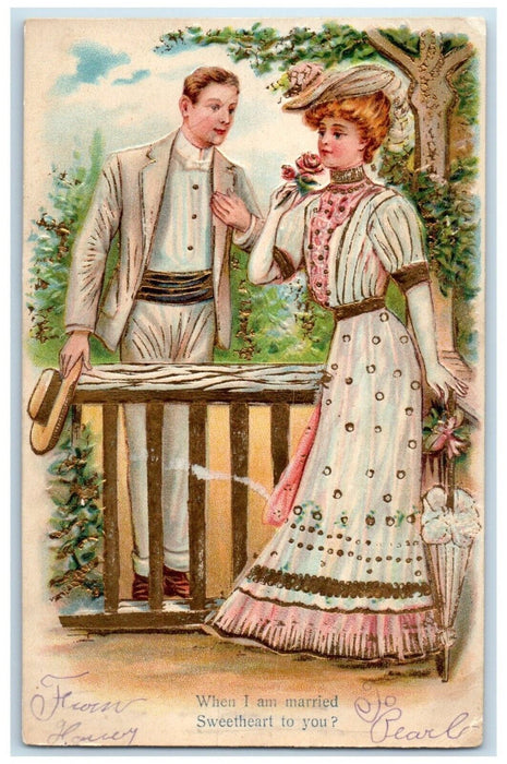 c1910's Couple Romance Pink Rose Flower Embossed Posted Antique Postcard