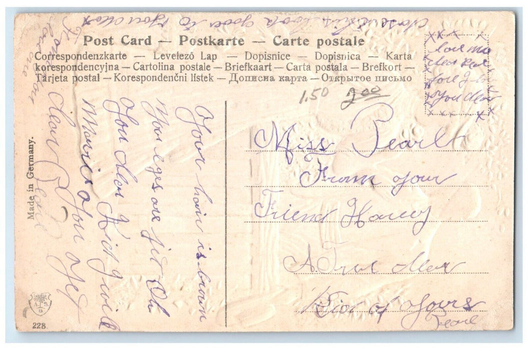 c1910's Couple Romance Pink Rose Flower Embossed Posted Antique Postcard