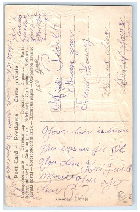 c1910's Couple Romance Pink Rose Flower Embossed Posted Antique Postcard