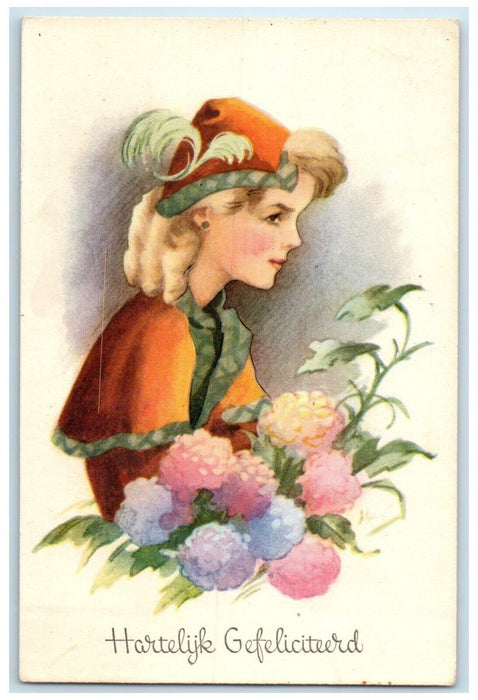 1953 Congratulations Pretty Woman With Flowers Netherland Vintage Postcard