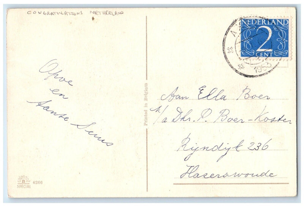 1953 Congratulations Pretty Woman With Flowers Netherland Vintage Postcard