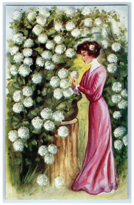 c1910's Pretty Woman Hydrangea Flowers Plant Embossed Unposted Antique Postcard