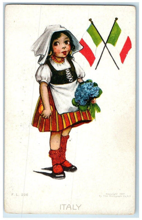 c1910's Pretty Girl Costume With Flowers Boquet Flags Italy Rotograph Postcard