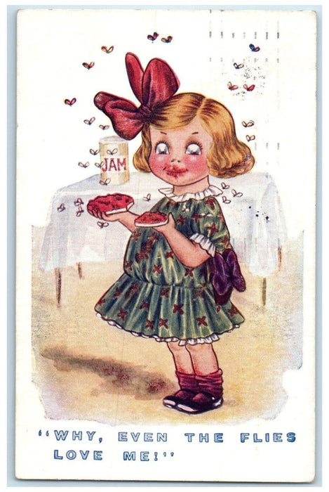 1927 Cute Little Girl Eating Jam Bees Milwaukee Wisconsin WI Vintage Postcard