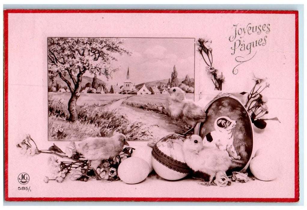 c1930's Easter Eggs Chicks Flowers House Church France Posted Vintage Postcard