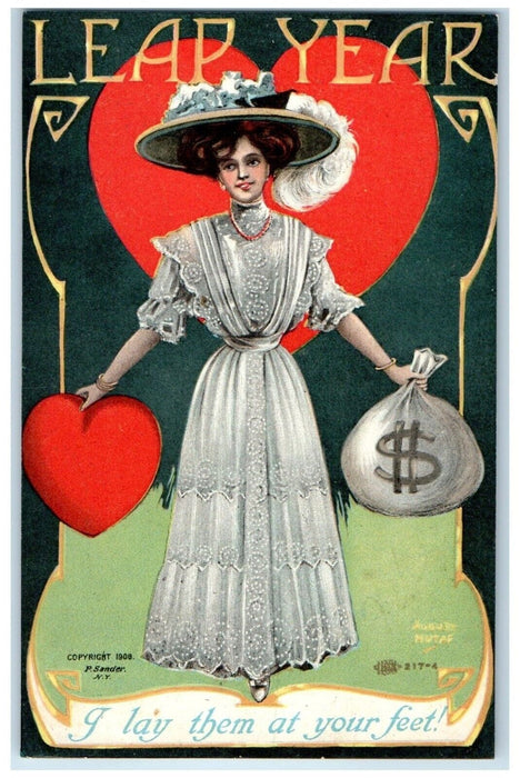 c1910's Leap Year Pretty Woman Big Heart Sack Of Coins Posted Antique Postcard