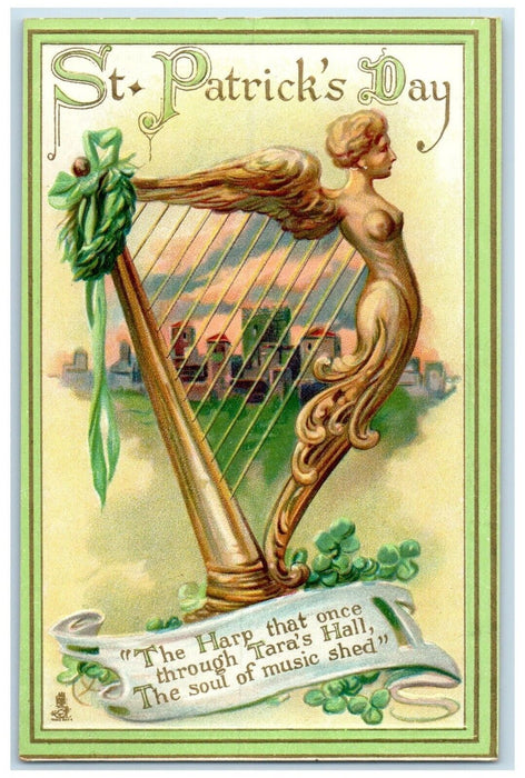 c1910's St. Patrick's Day Harp Taras Hall Embossed Tuck's Antique Postcard