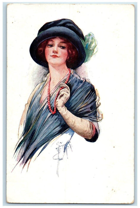 c1910's Victorian Pretty Woman Big Hat Print Posted Antique Postcard