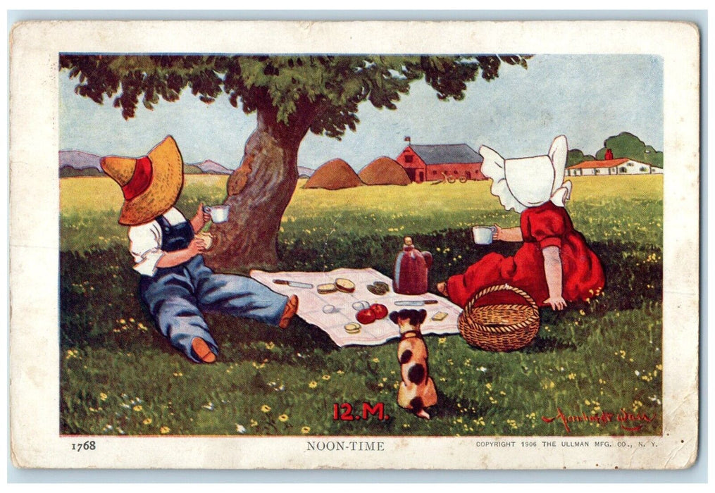 c1905 Couple Romance Picnic With Dog Noon Time Wall Posted Antique Postcard