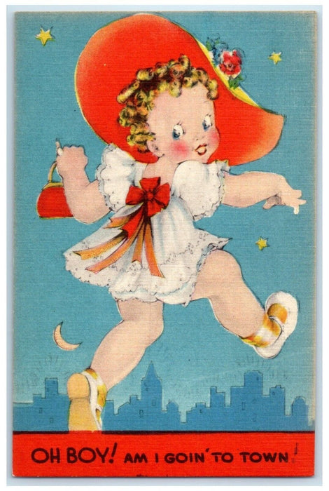 c1930's Pretty Little Girl Big Hat Purse Greetings From Luxemburg WI Postcard