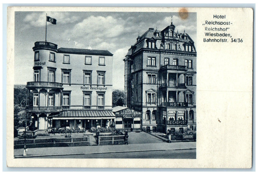 c1910 Hotel Reichspost Reichshof Wiesbaden Railroad Station Street Postcard