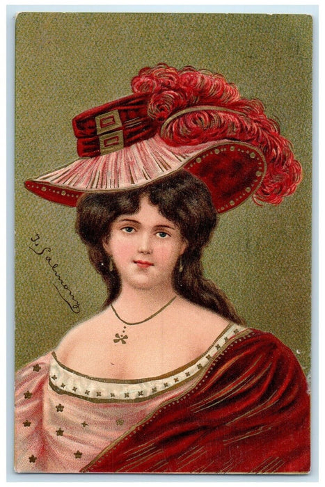 c1910's Pretty Woman Curly Hair Big Hat Feather Embossed Middletown PA Postcard