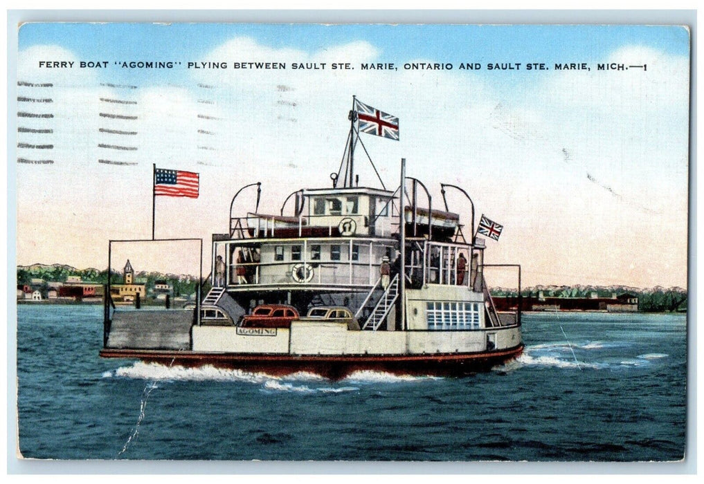 1951 Ferry Boat Agoming Plying Sault Ste. Marie Sault Ontario Michigan Postcard