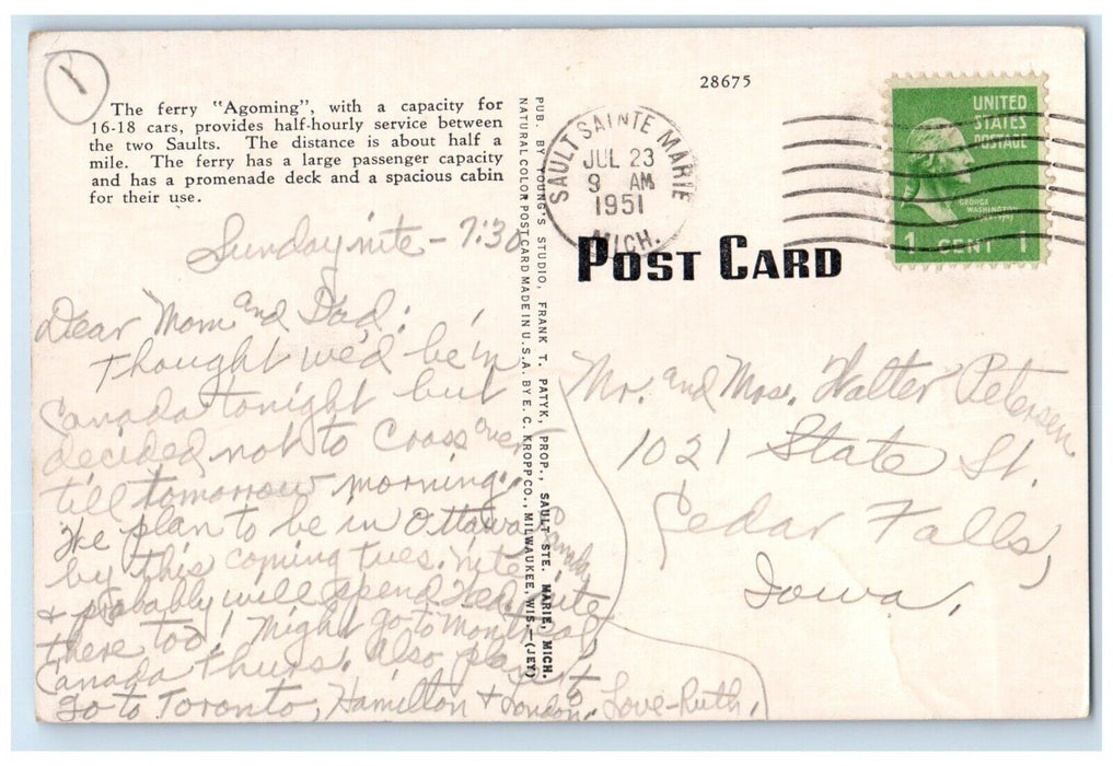 1951 Ferry Boat Agoming Plying Sault Ste. Marie Sault Ontario Michigan Postcard