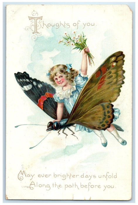 c1910's Girl Riding Exaggerated Butterfly With Flowers Embossed Tuck's Postcard