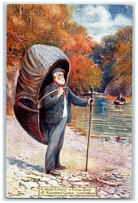 1908 Welsh Coracle Fishing Boat Kilgerran Gorge South Wales St Johns NB Postcard