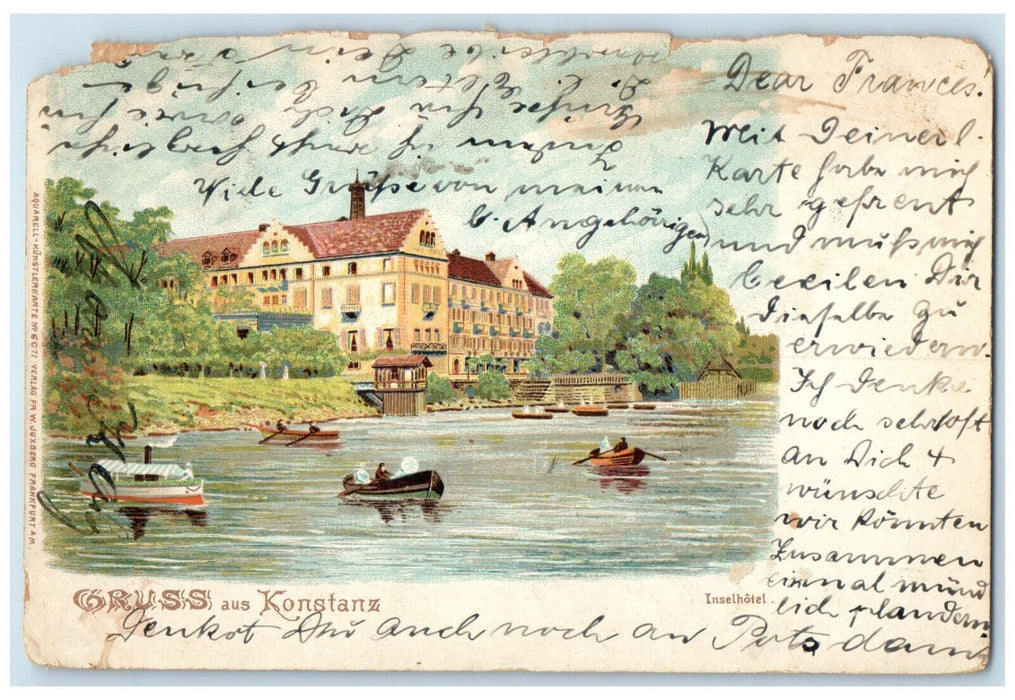 1904 Boat Canoeing Greetings from Konstanz Germany Antique Posted Postcard