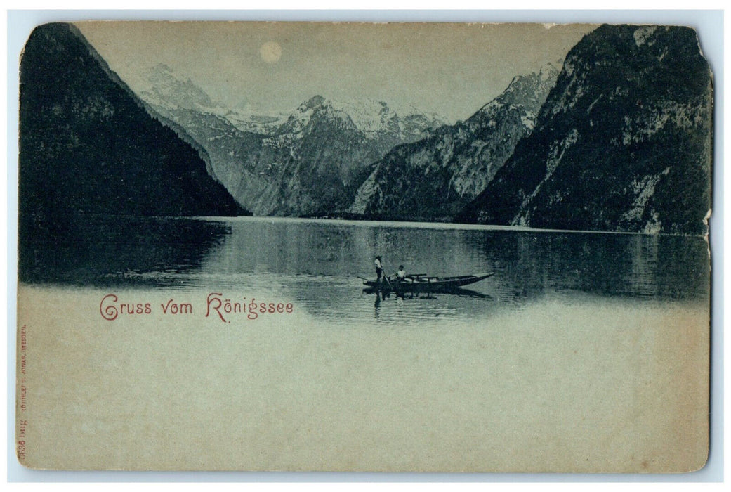 c1905 Moonlight Boat Canoeing Greetings from Konigsee Germany Posted Postcard