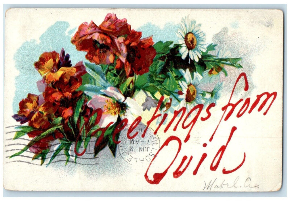 1908 Greetings From Ovid White Red Flowers Michigan Vintage Antique MI Postcard