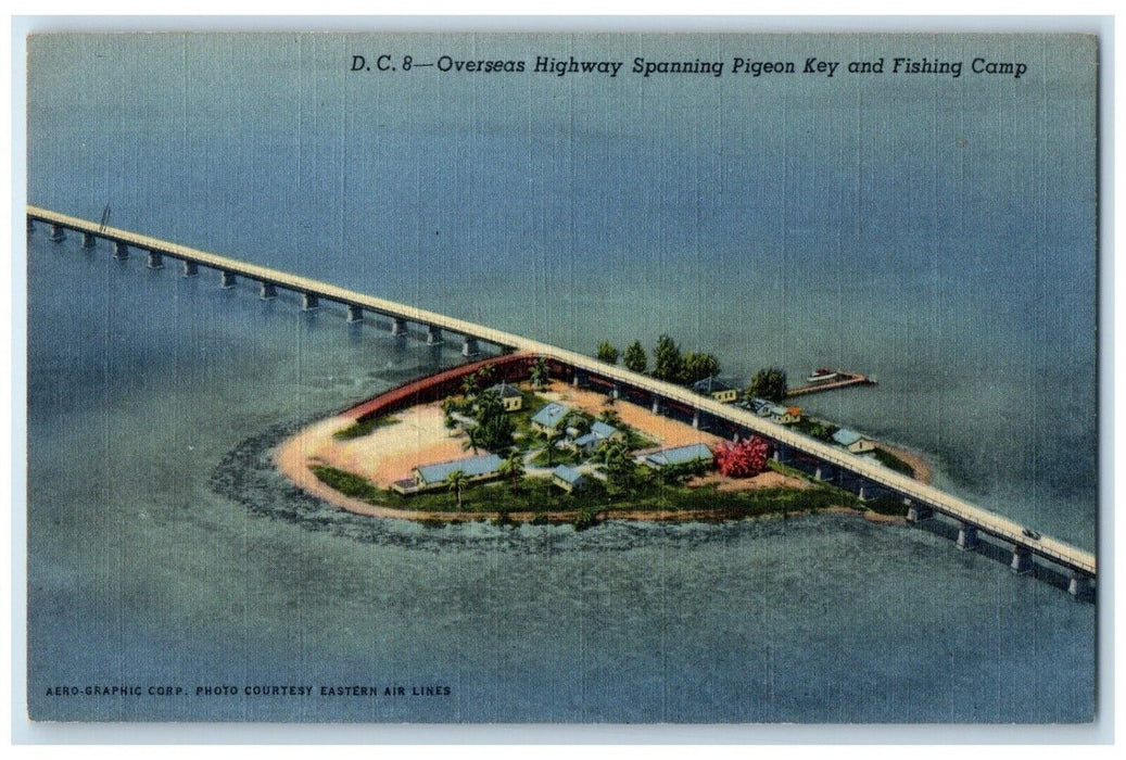 c1940 Aerial Overseas Highway Spanning Pigeon Key Fishing Camp Florida Postcard