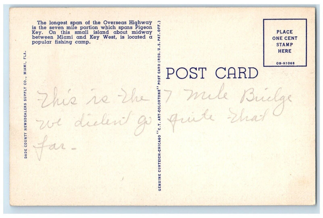 c1940 Aerial Overseas Highway Spanning Pigeon Key Fishing Camp Florida Postcard