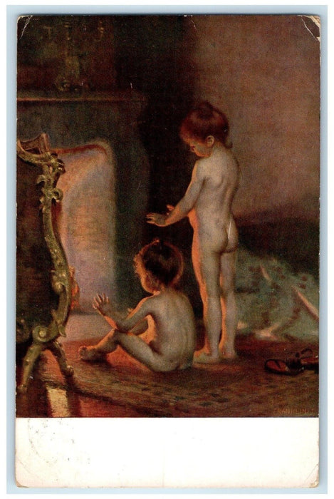 c1910's Little Girls Undressed Nude Fireplace Chicago Illinois IL Postcard