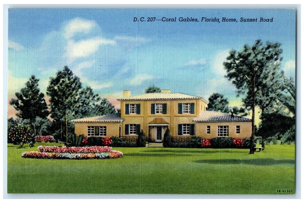 c1940 Exterior View Home Sunset Road Building Coral Gables Florida FL Postcard