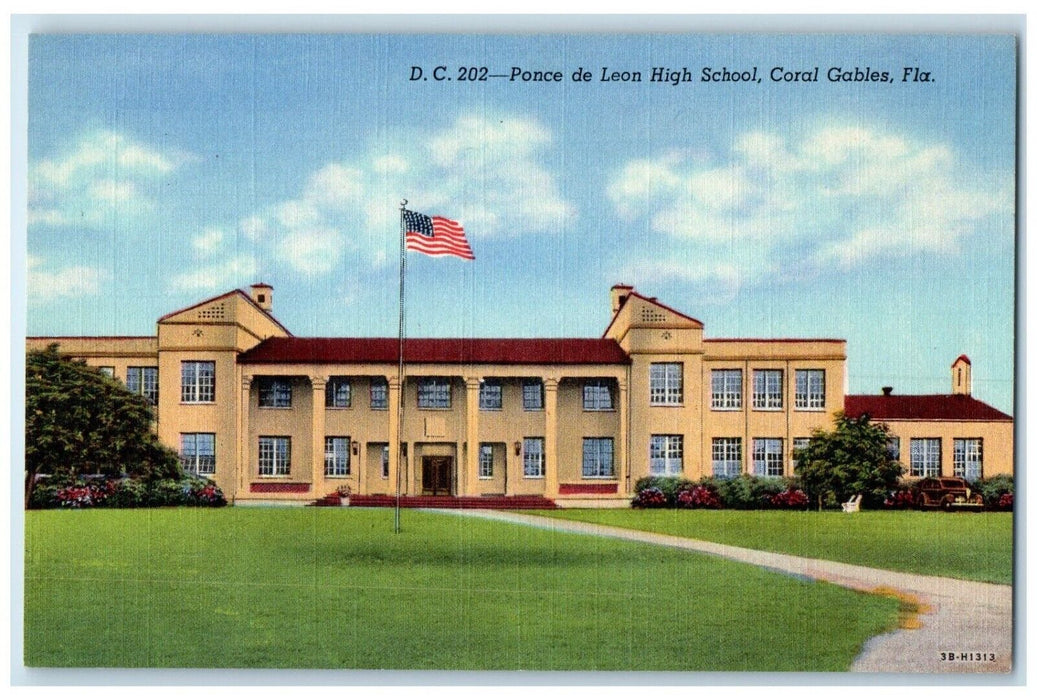 c1940 Rear View Ponce De Leon High School Building Coral Gables Florida Postcard
