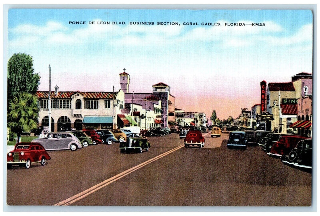 c1940 Ponce De Leon Boulevard Business Section Coral Gables Florida FL Postcard