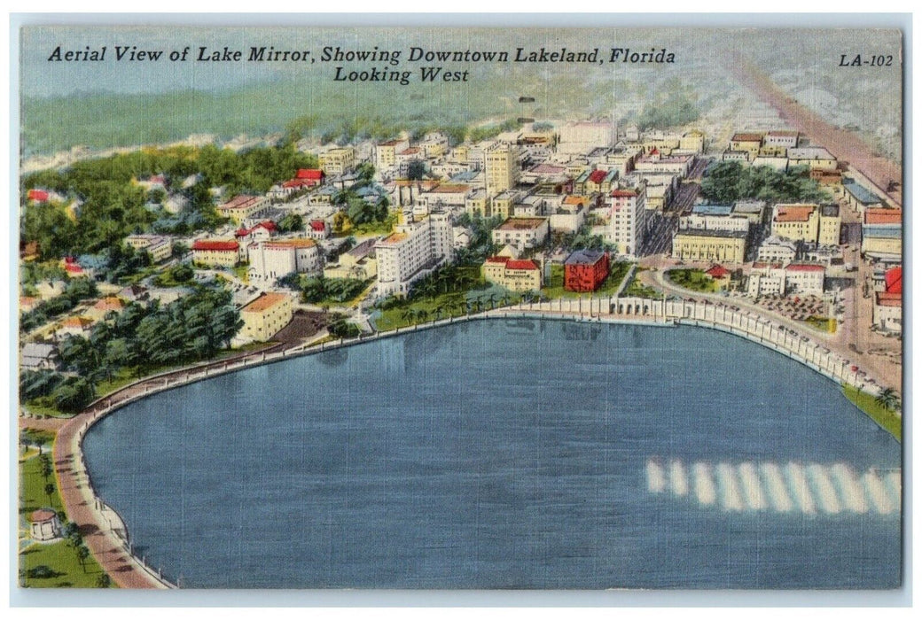 1956 Aerial View Lake Mirror Downtown Lakeland Looking West Florida FL Postcard