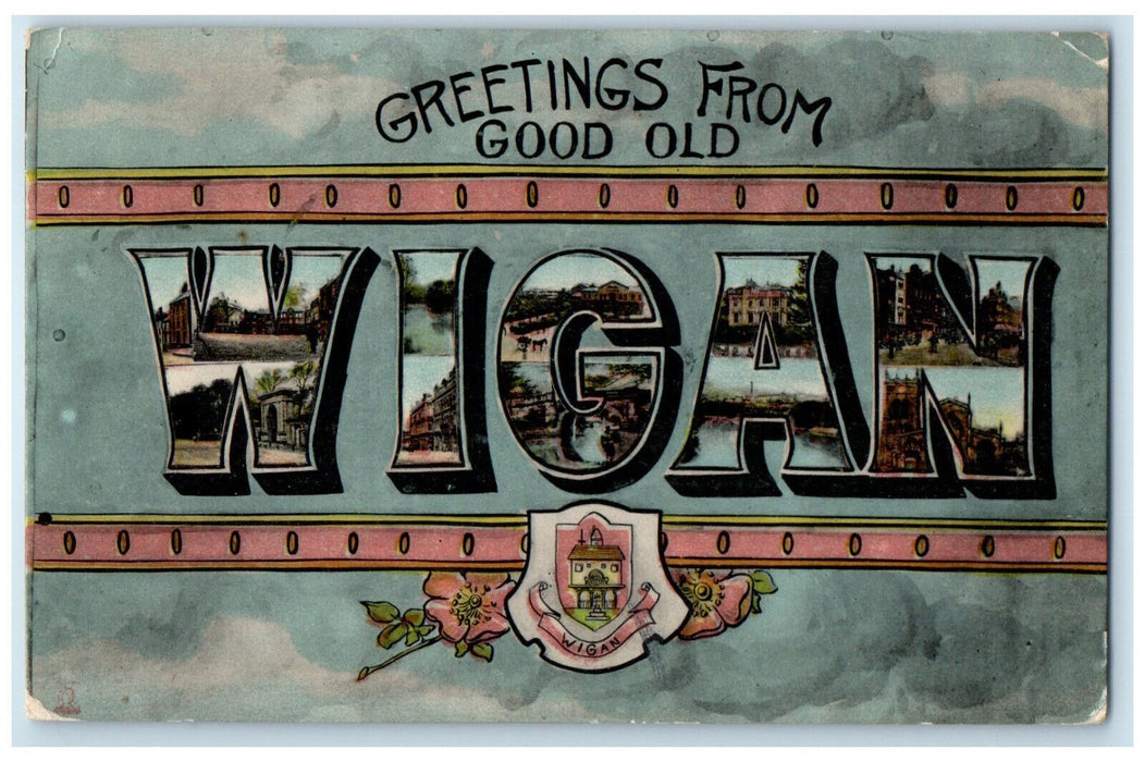 1907 Greetings from Good Old Wigan England Big Letter Multiview Postcard