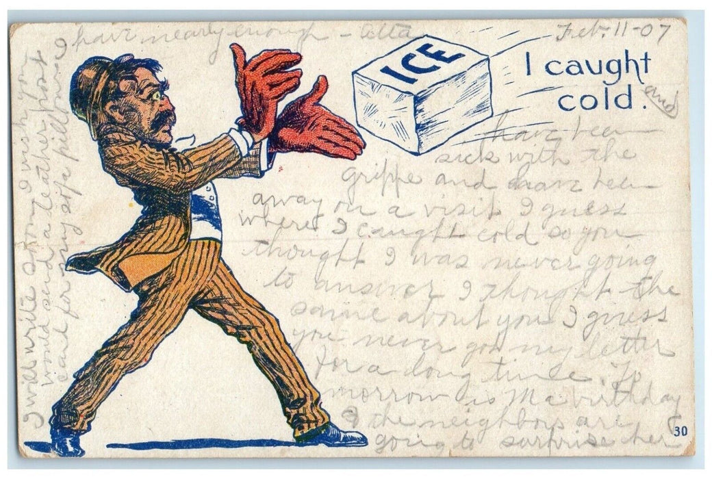 1907 Man Ice Cube I Caught Cold Havana Illinois IL Posted Antique Postcard