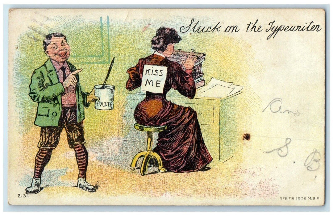 1907 Man Kiss Me Sign Busy Woman Stuck On The Typewriter Havana IL Postcard