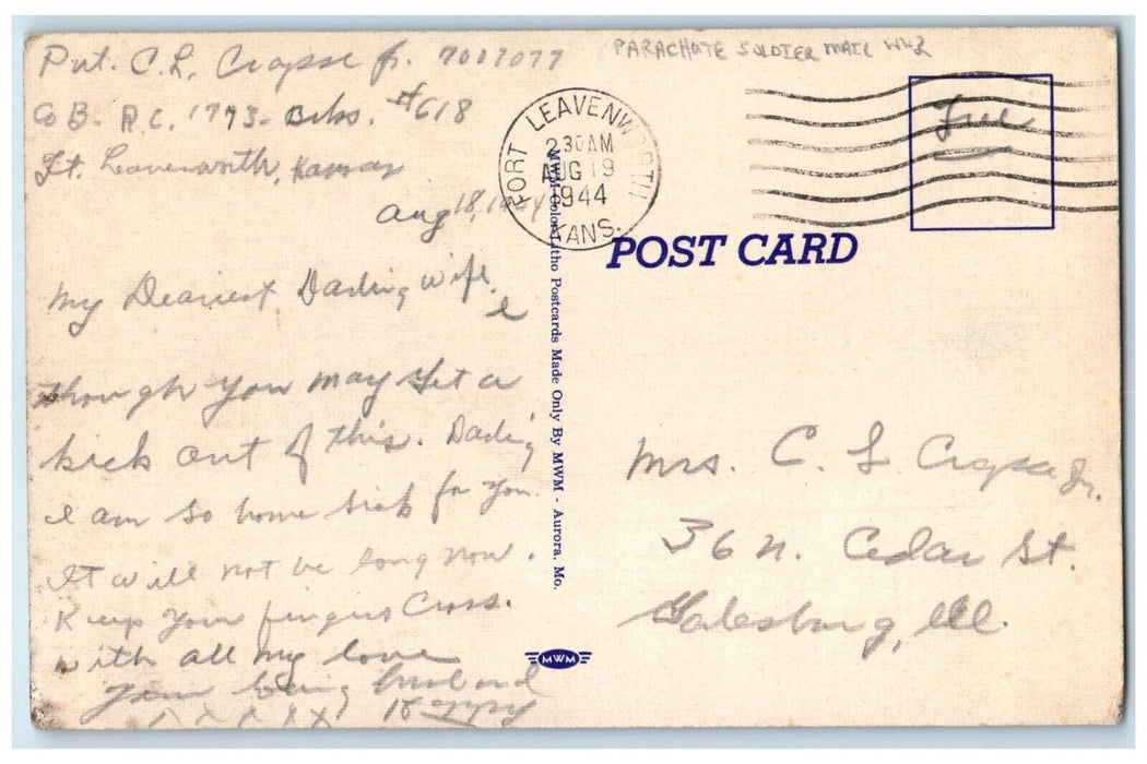 1944 Parachute Broken WW2 Soldier Mail Fort Leavenworth Kansas KS Postcard