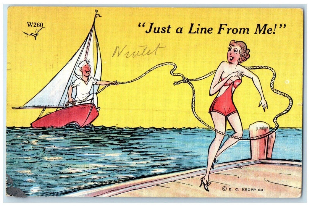 1939 Sailor Cached Girl Lasso Just A Line From Me Muscatine Iowa IA Postcard