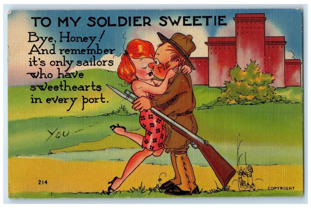 1943 Soldier Couple Kissing Romance Wichita Falls Texas TX Antique Postcard