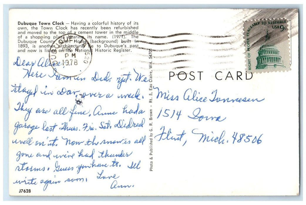 1978 Dubuque Town Clock Street Park Road Dubuque Iowa Vintage Antique Postcard