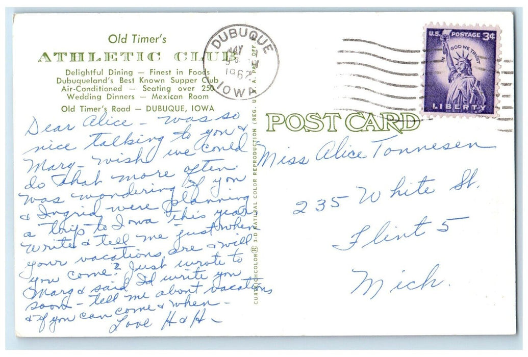 1962 Old Timer's Athletic Club Dubuque Iowa IA Vintage Antique Posted Postcard