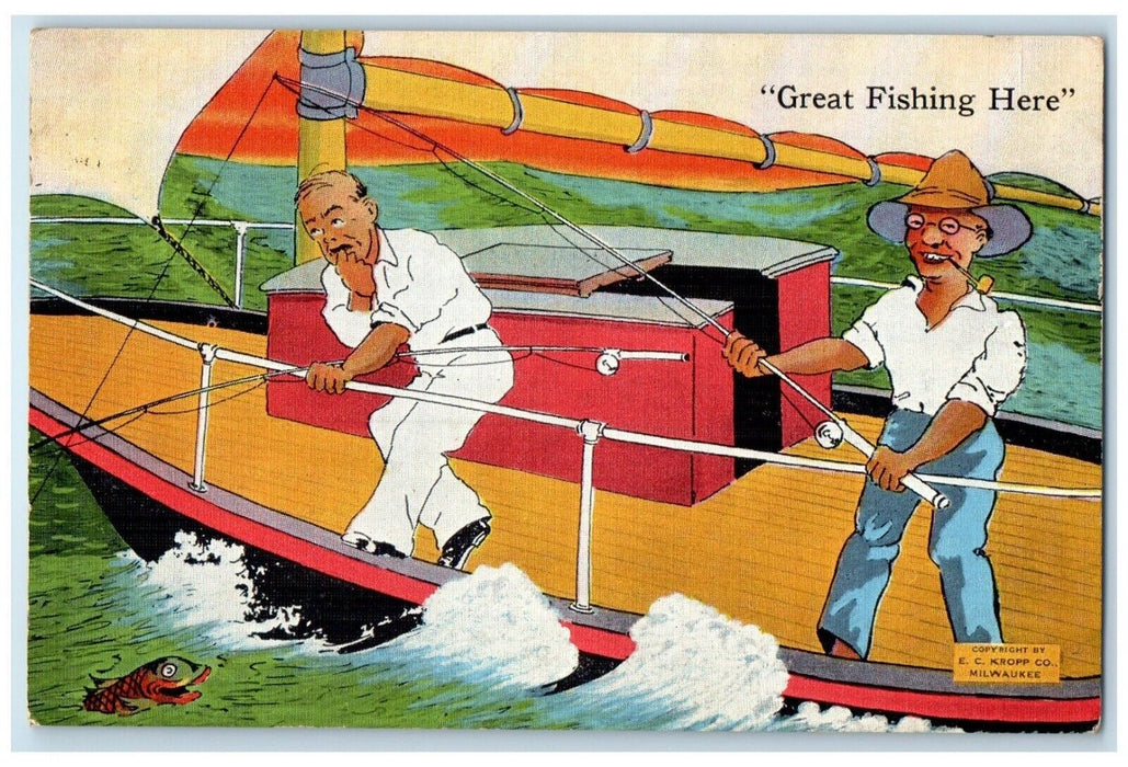 1937 Man Pipe Fishing Boat Seasick Lake View Ohio OH Posted Vintage Postcard