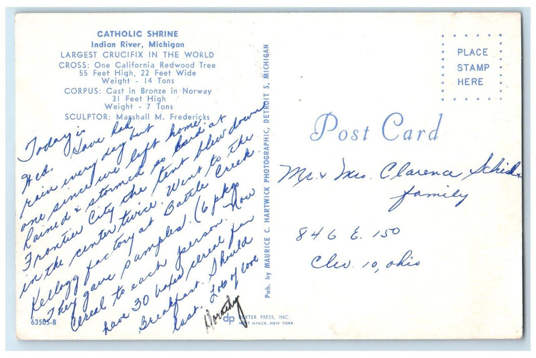 c1960 Catholic Shrine Crucifix Redwood Tree Field Indian River Michigan Postcard