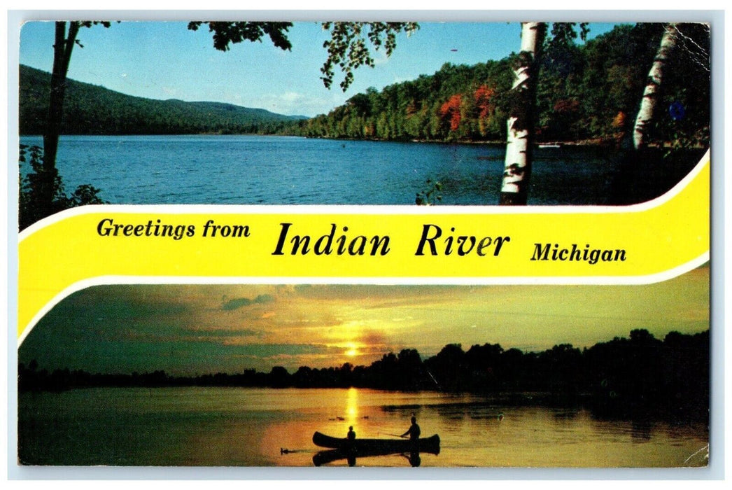 1963 Greetings From Canoe Boat River lake Indian River Michigan Banner Postcard