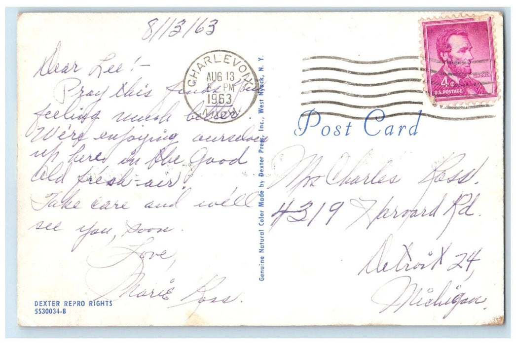 1963 Greetings From Canoe Boat River lake Indian River Michigan Banner Postcard