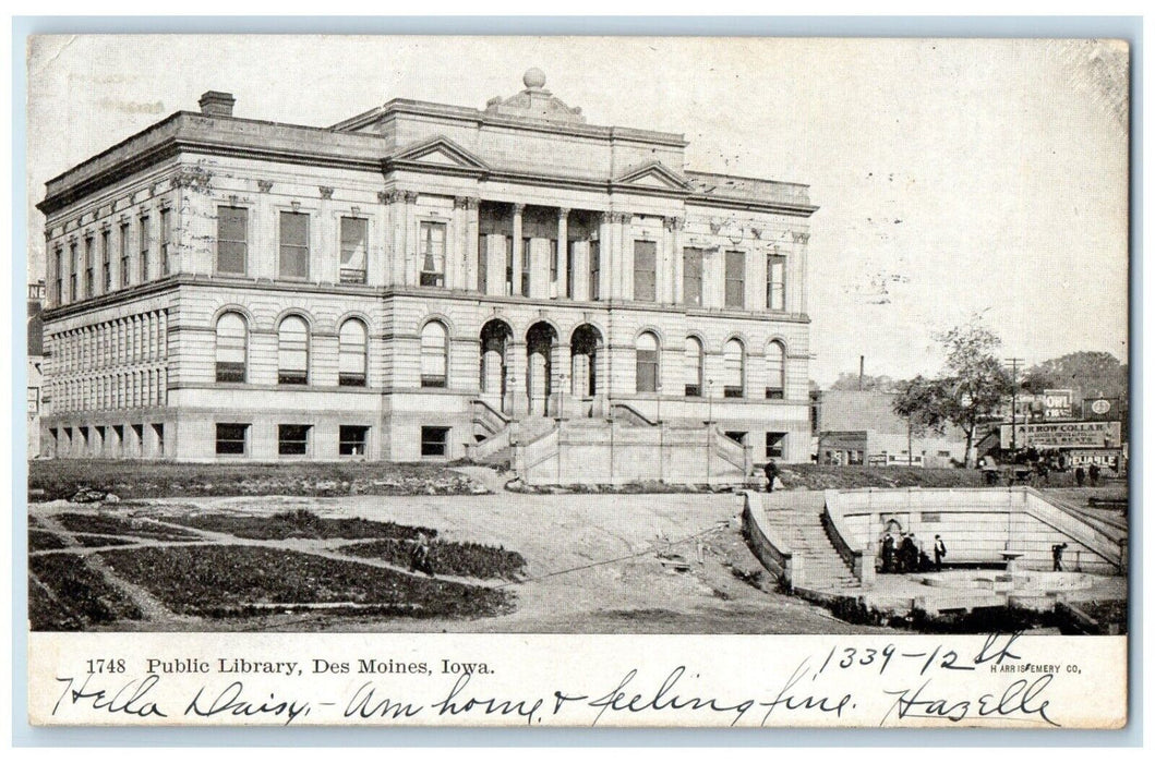 1908 Exterior View Public Library Building Des Moines Iowa IA Antique Postcard